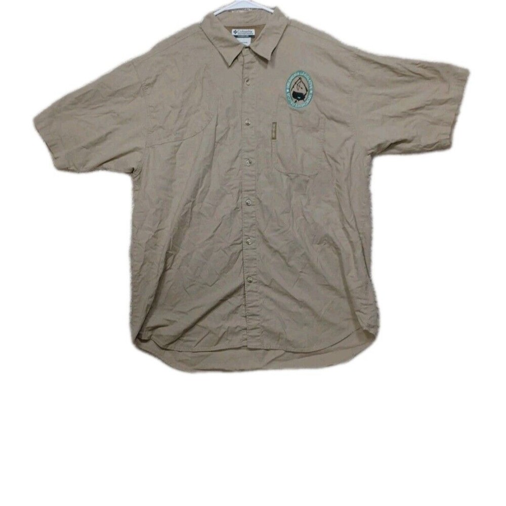 Columbia Mens L Beige Fleece Lined Shirt Jacket Fishing Button Down Shacket Tan